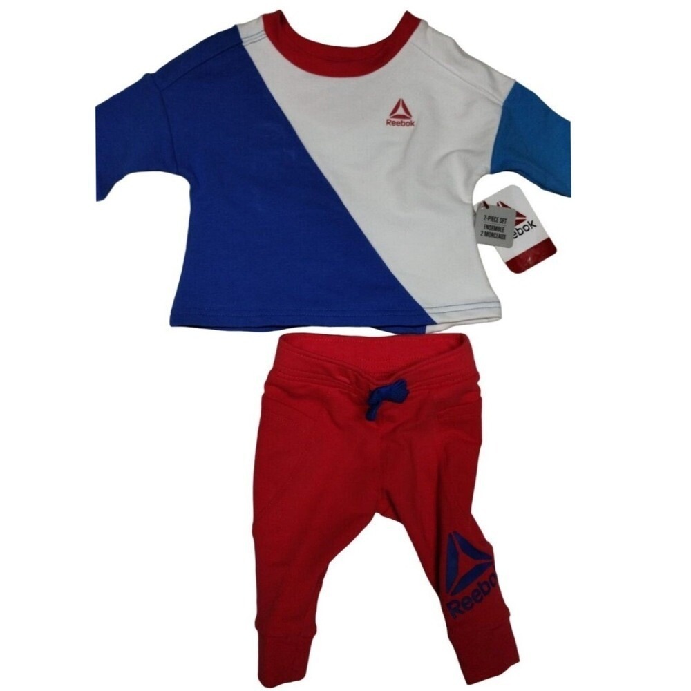 Reebok 2-Piece Outfit Set Top and Pants Red‎ Blue White Comfy Size NWT